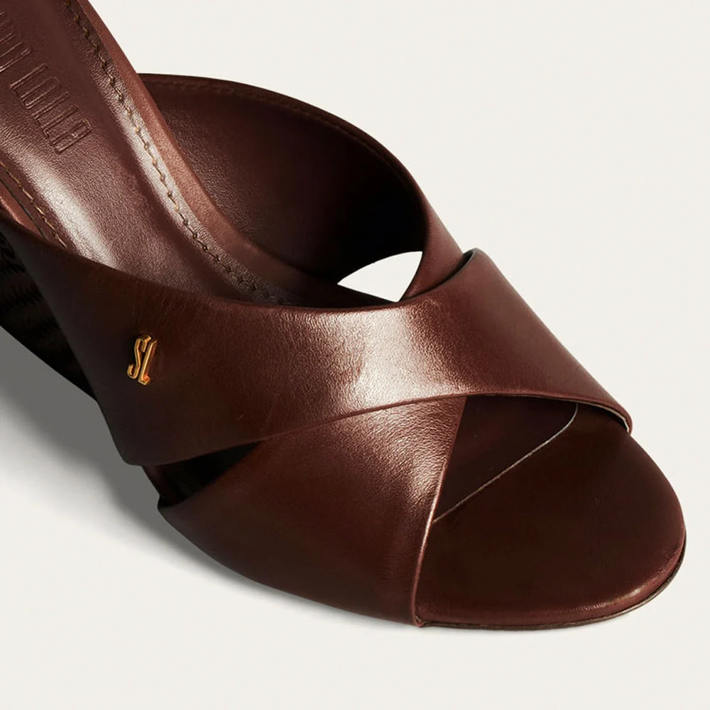 Tamanco Mule Couro Pelica Soft Salto Grosso Tramado Marrom Dark Cocoa - vista 3 de 4
