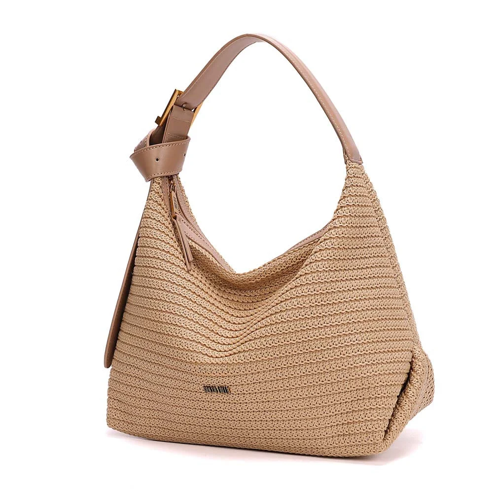 Bolsa Hobo Média Tramado Alça de Ombro Bege Areia - vista 3 de 7