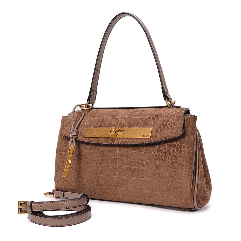 Bolsa Média Croco Nobuck Alça De Ombro Cinza Fog - vista 3 de 10