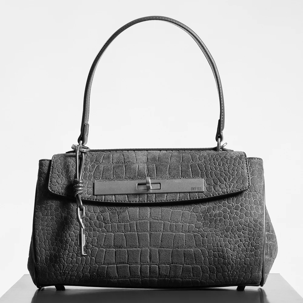 Bolsa Média Croco Nobuck Alça De Ombro Cinza Fog - vista 8 de 10