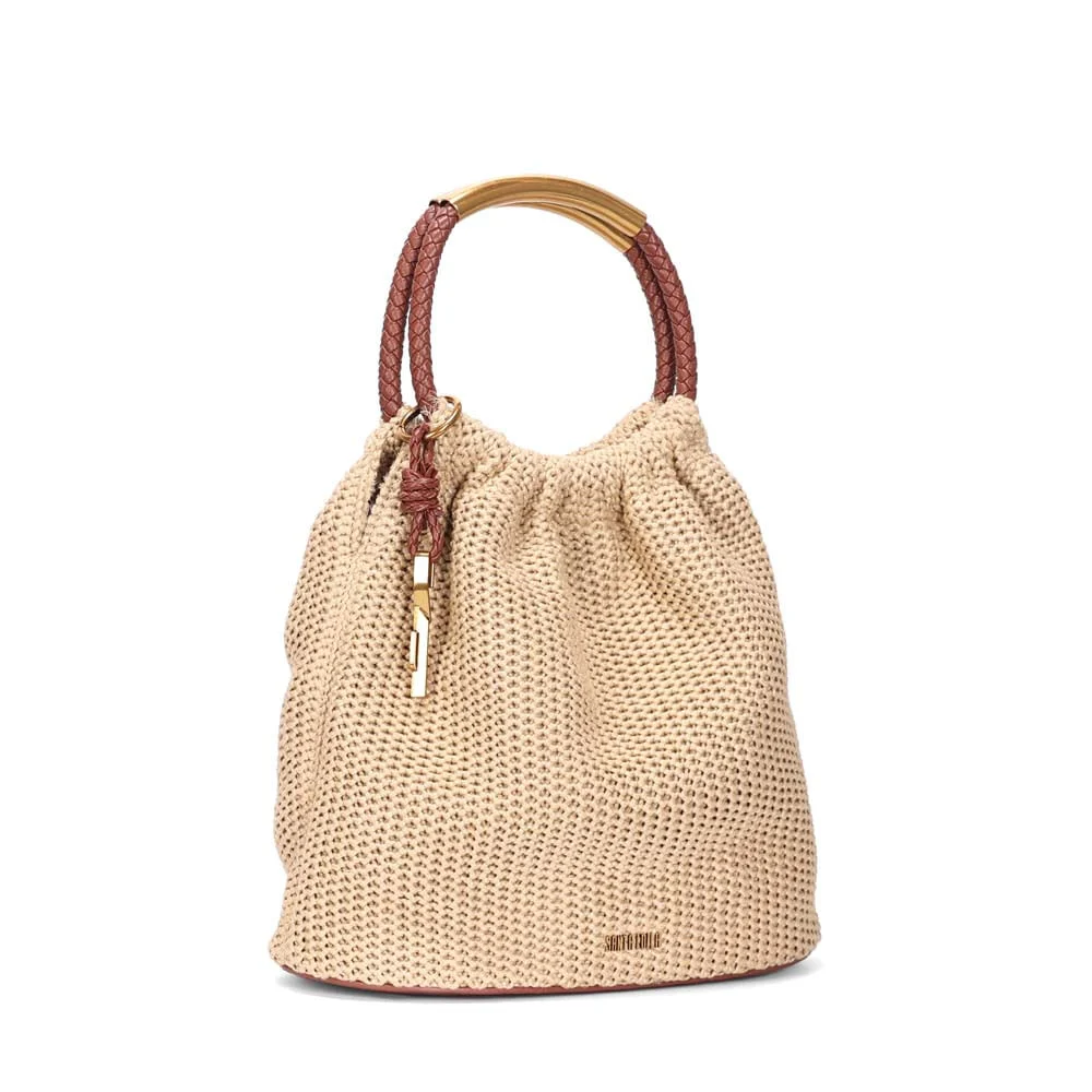 Bolsa Bucket Média Palha Tramado Bege Transversal - vista 2 de 3