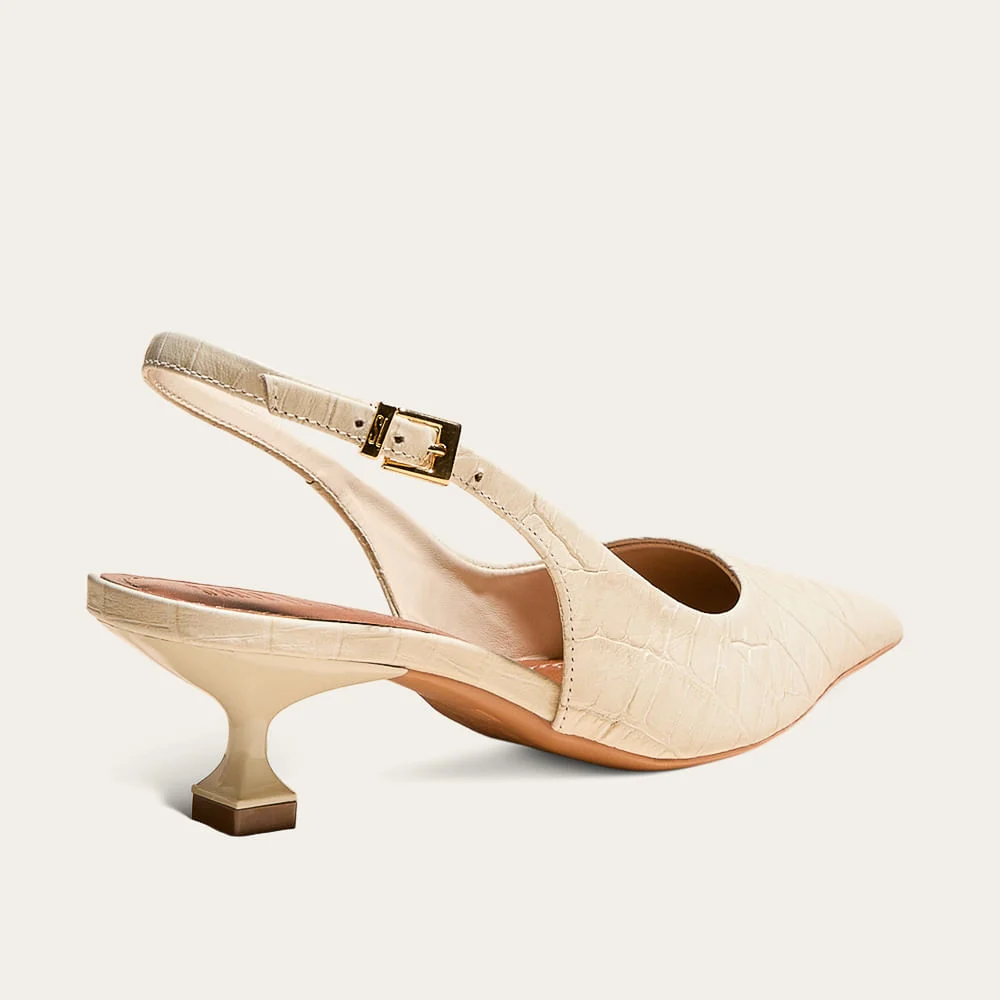 Scarpin Slingback Croco Italiano Marfim Salto Kitten - vista 2 de 3