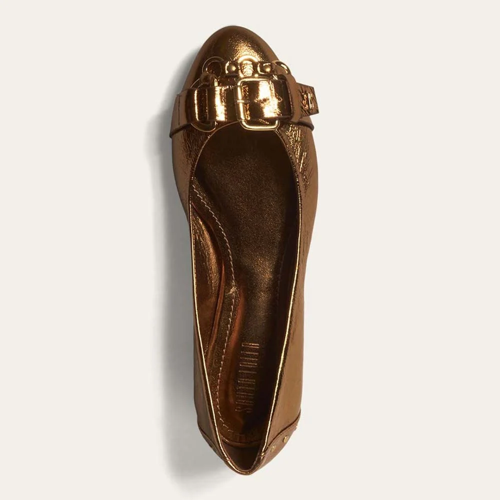 Sapatilha Couro Metalizado Bronze Bico Redondo Fivela - vista 4 de 4