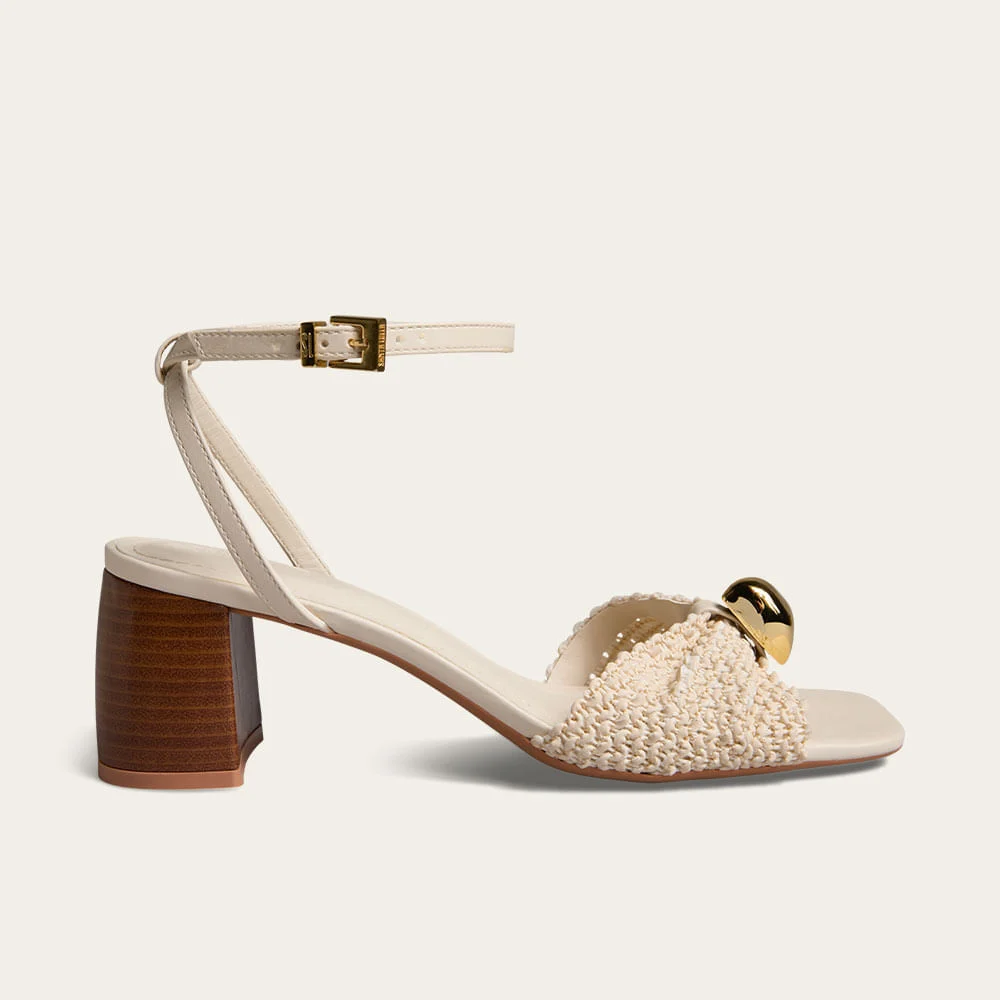 Sandália Tramada Off White Salto Grosso Metal - vista 3 de 6
