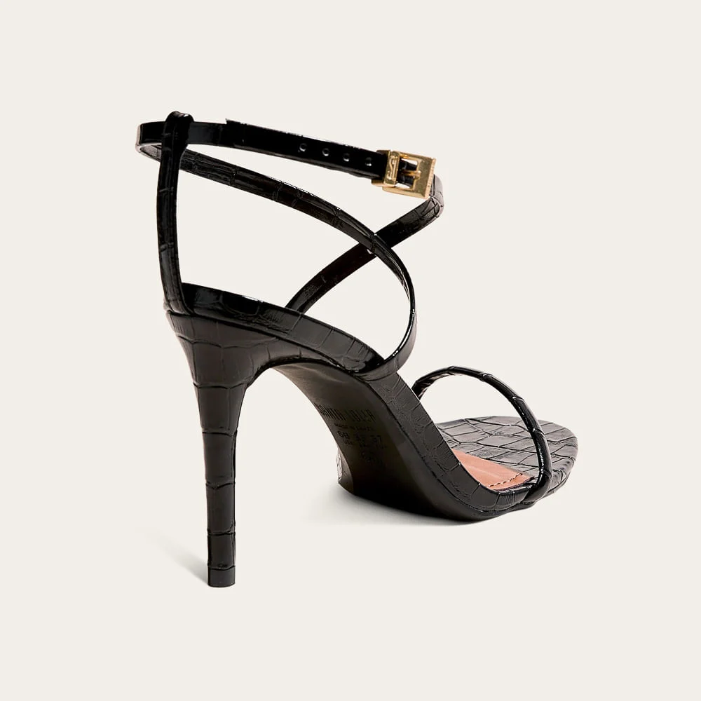 Sandália Croco Salto Fino Preto Tiras Cruzadas - vista 2 de 3