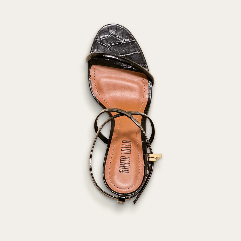 Sandália Croco Salto Fino Preto Tiras Cruzadas - vista 3 de 3