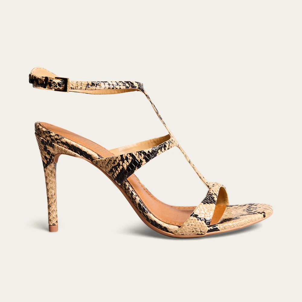 Sandália Couro Animal Print Cobra Salto Alto - vista 3 de 5
