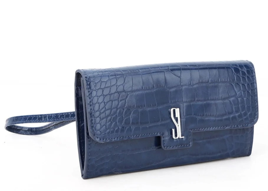 Carteira Envelope Couro Croco Azul - vista 2 de 4