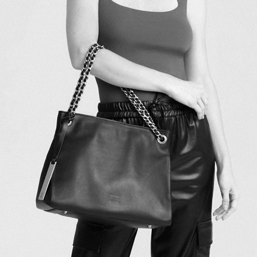 Bolsa Slouch Shopper Grande com Alça de Corrente com couro transpassado Bege - Linha Genuine Leather - vista 2 de 4