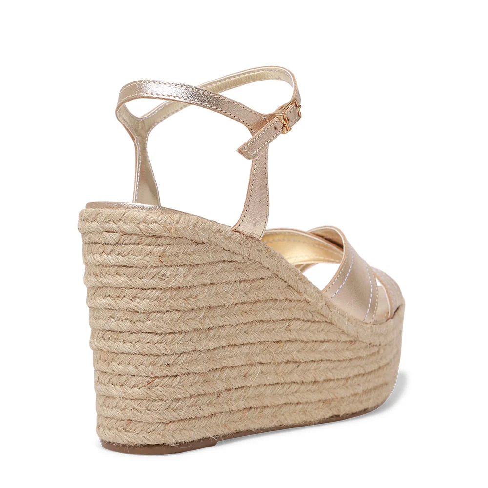 Sandália Espadrille Dourada Couro Tiras Salto Alto - vista 3 de 3