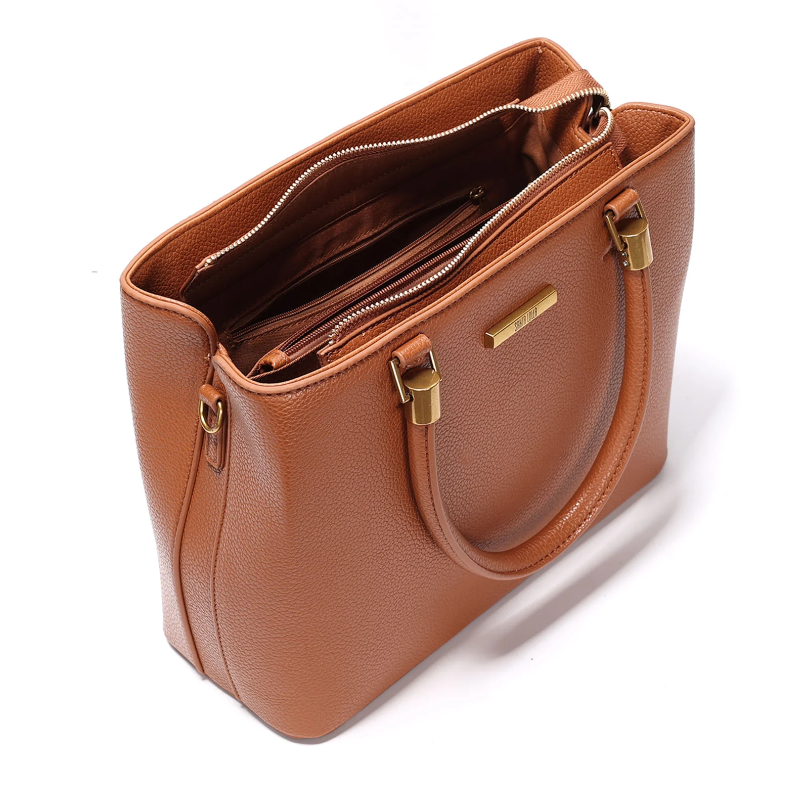 Bolsa Estruturada Média Lisa Transversal Marrom com Detalhes Dourados - vista 3 de 3