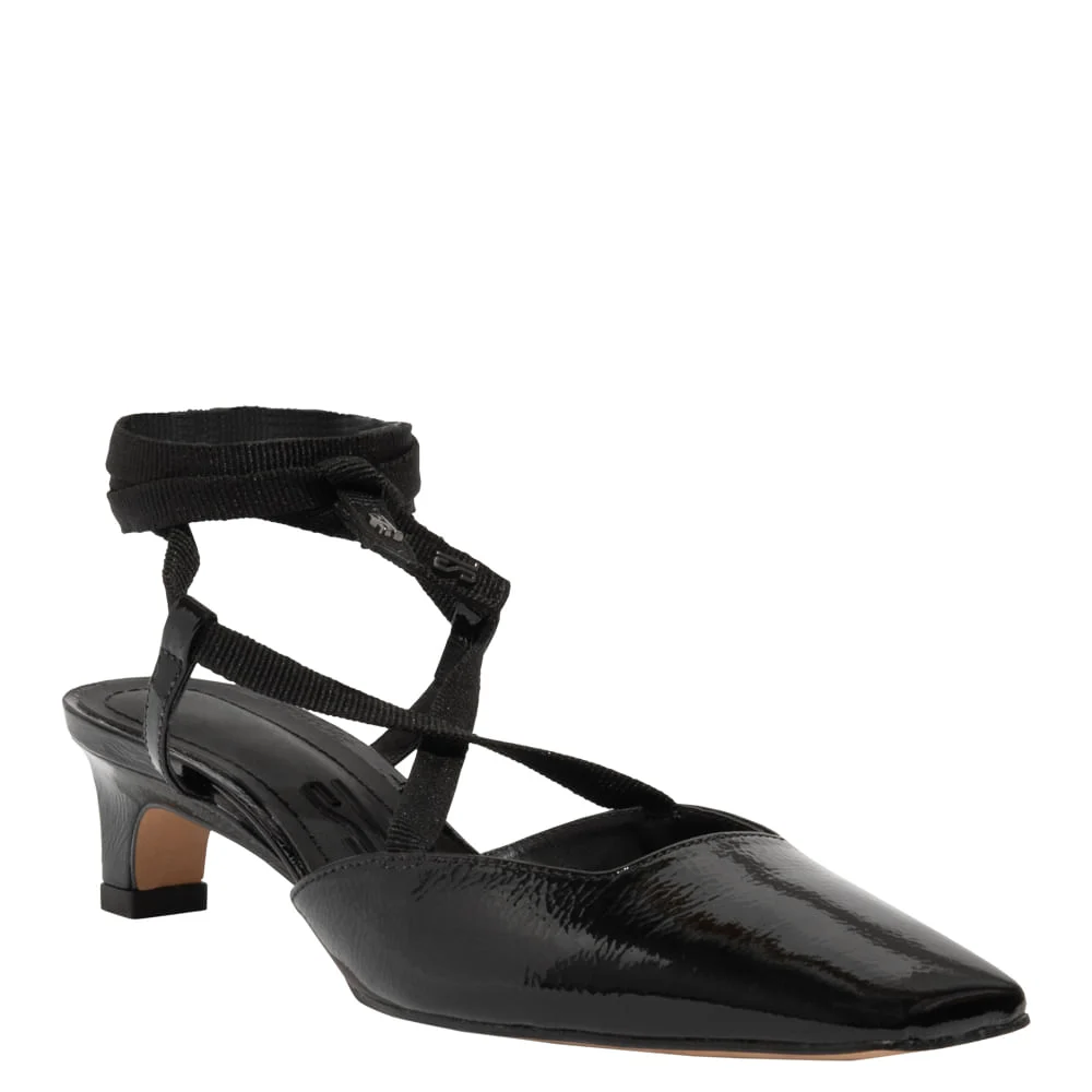 Scarpin Boneca Couro Verniz Preto Amarração - vista 2 de 3