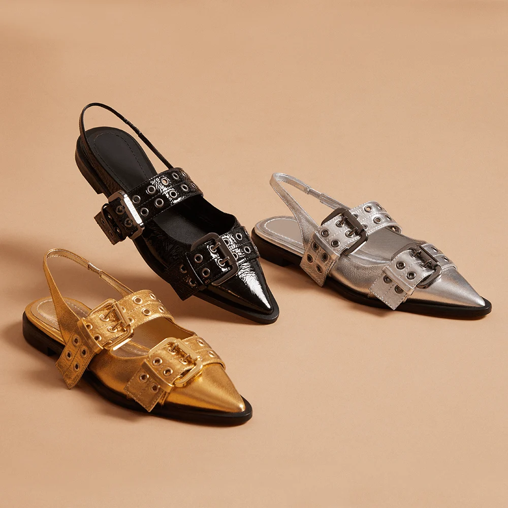 Sapatilha Slingback Fivelas Couro Metalizado Dourado - vista 3 de 5