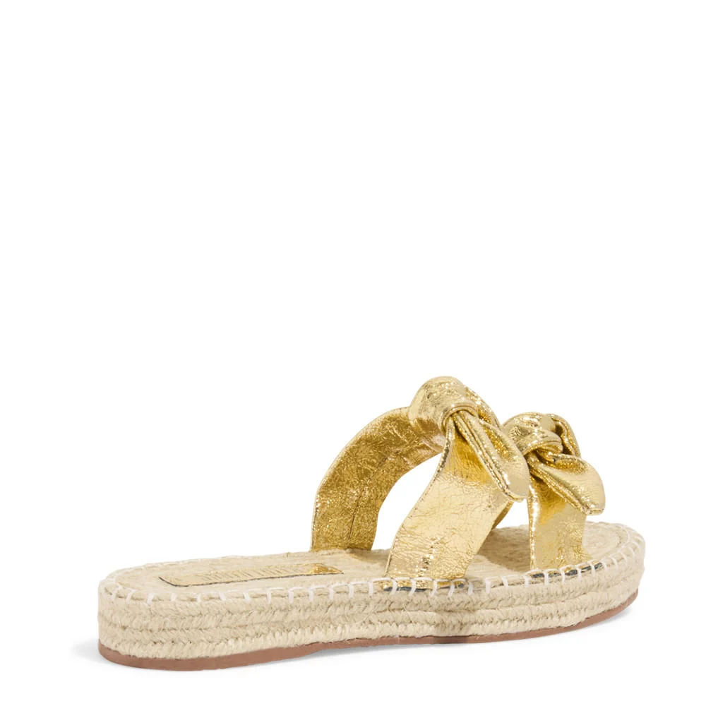 Papete Espadrille Couro Craquele Dourada Tiras Laço - vista 3 de 5