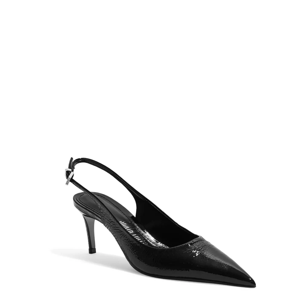Scarpin Slingback Verniz Show Preto Bico Fino Salto Médio - vista 2 de 3