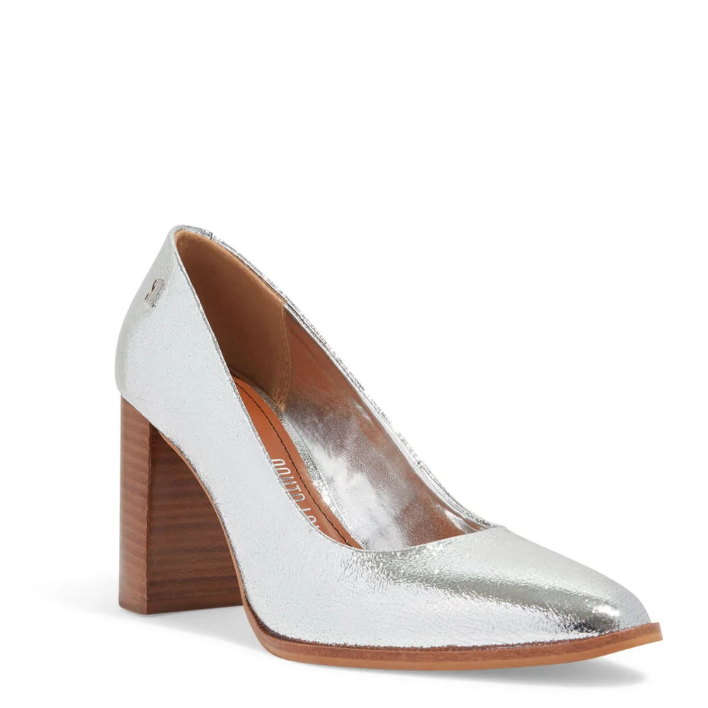 Scarpin Boneca Couro Craquele Salto Bloco Alto Prata - vista 2 de 3