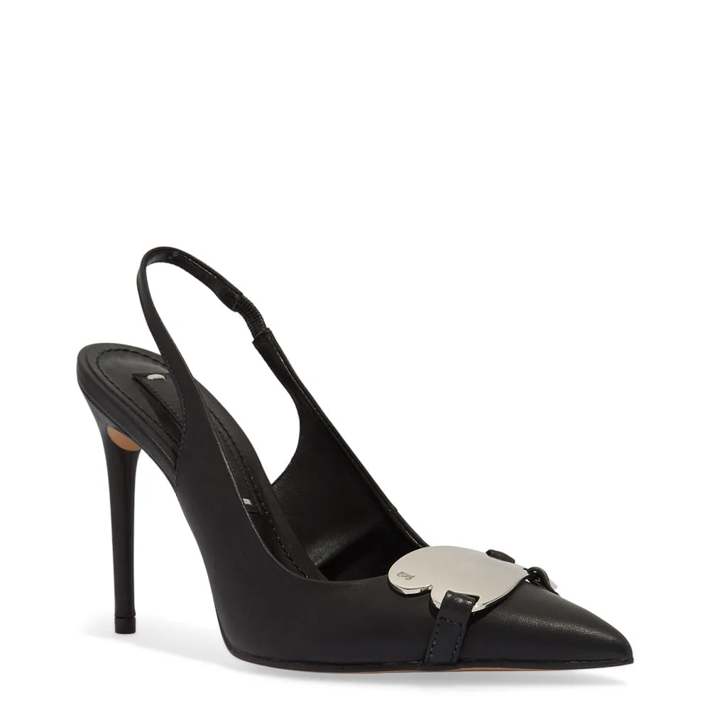 Scarpin Slingback Preto Couro Confort Coração Metalizado - vista 2 de 3