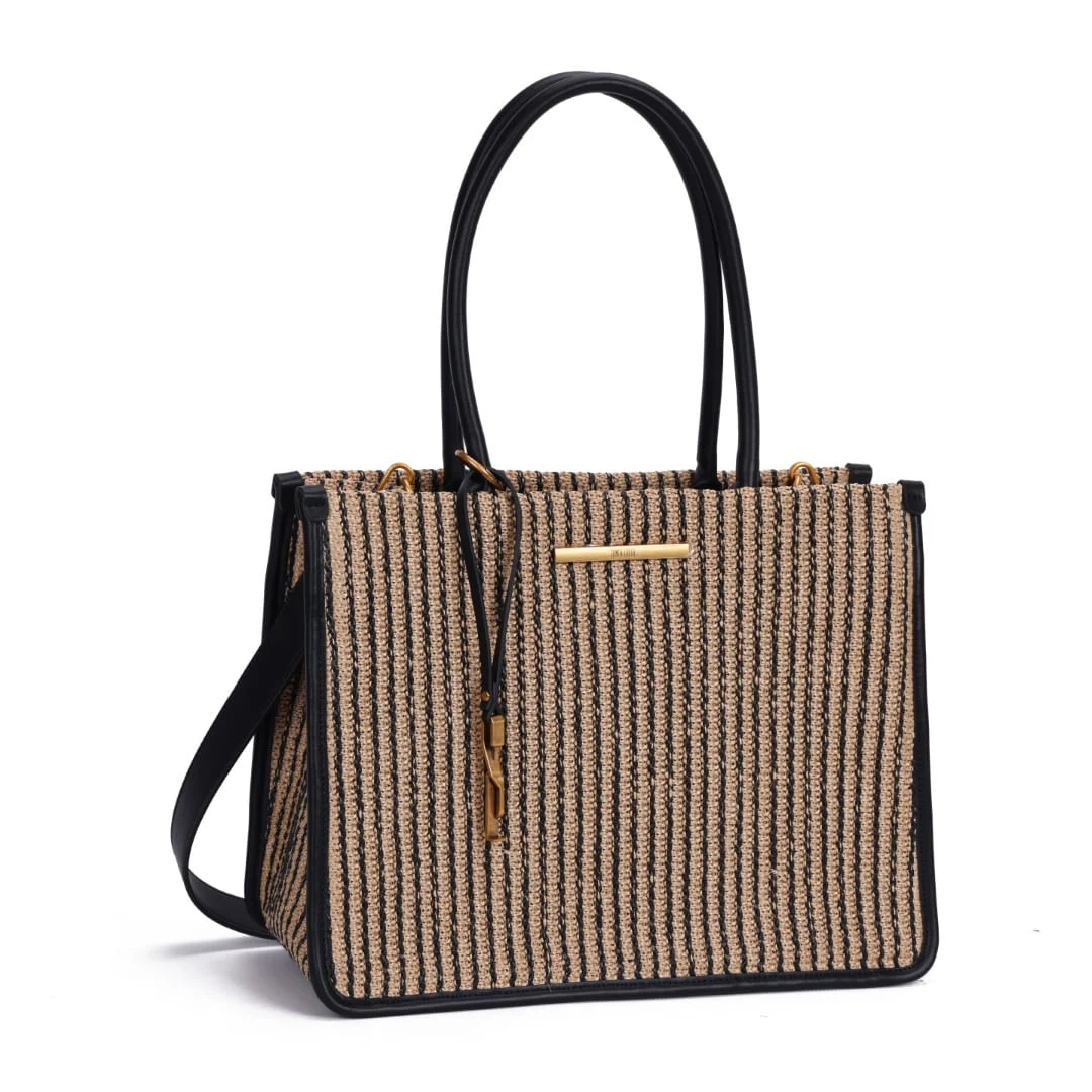 Bolsa Tote Palha Tramado Preto E Branco Alça De Mão - vista 2 de 7