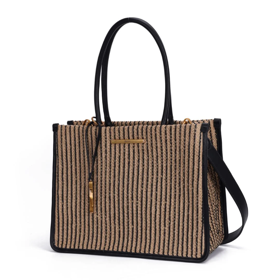 Bolsa Tote Palha Tramado Preto E Branco Alça De Mão - vista 3 de 7