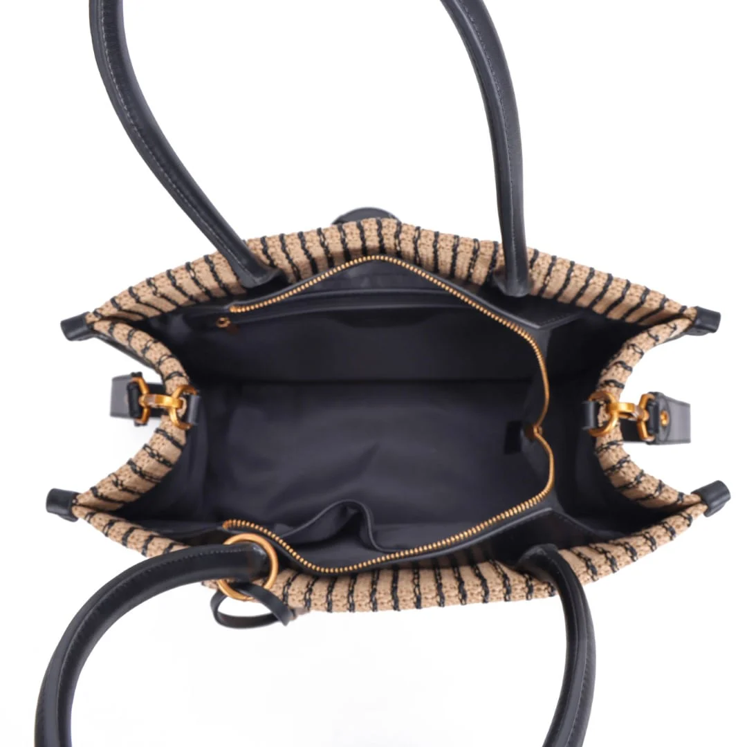 Bolsa Tote Palha Tramado Preto E Branco Alça De Mão - vista 5 de 7