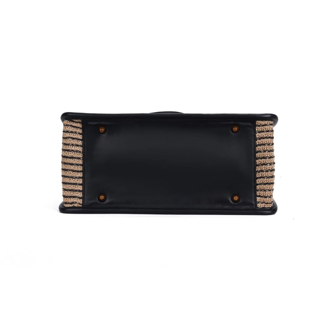 Bolsa Tote Palha Tramado Preto E Branco Alça De Mão - vista 6 de 7