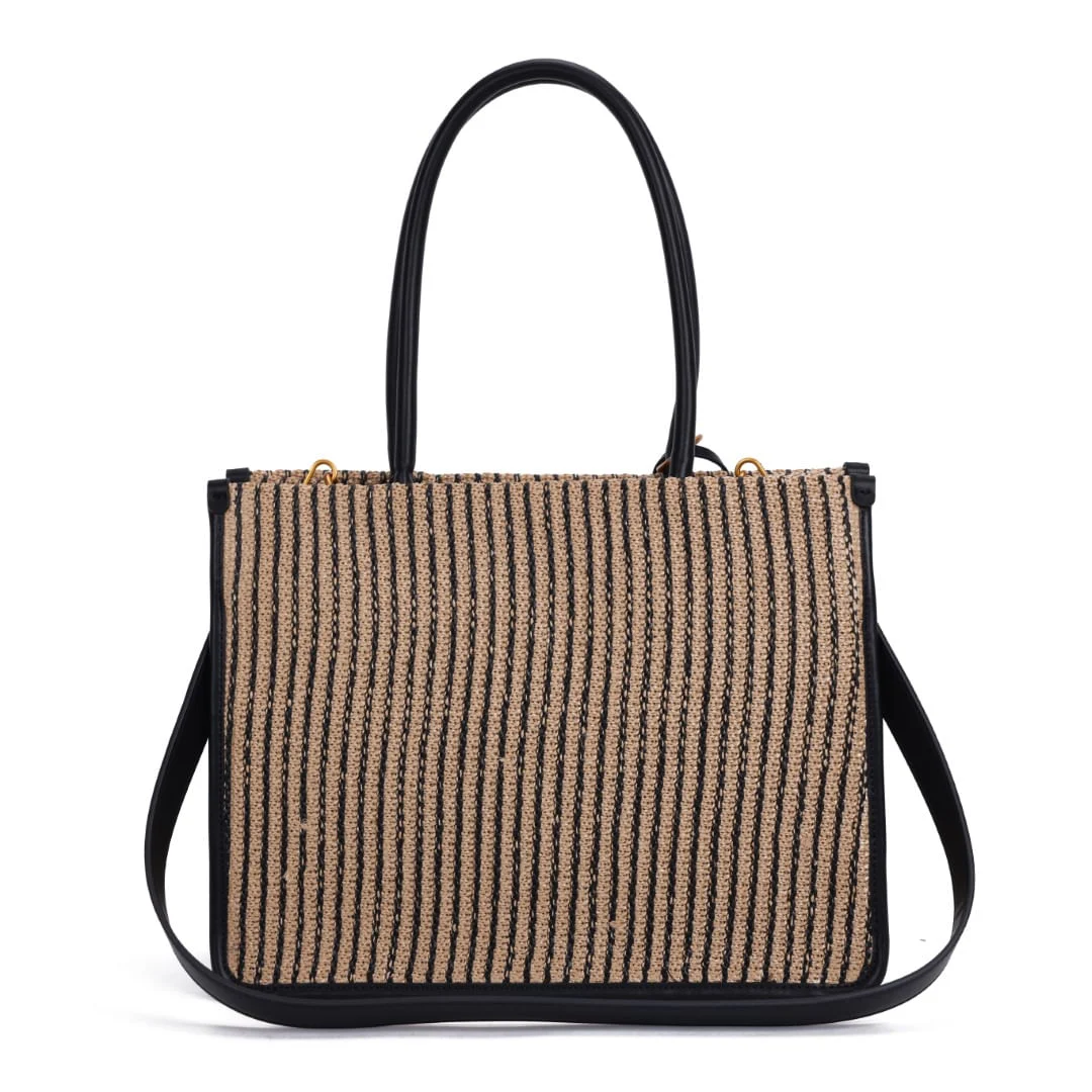 Bolsa Tote Palha Tramado Preto E Branco Alça De Mão - vista 7 de 7