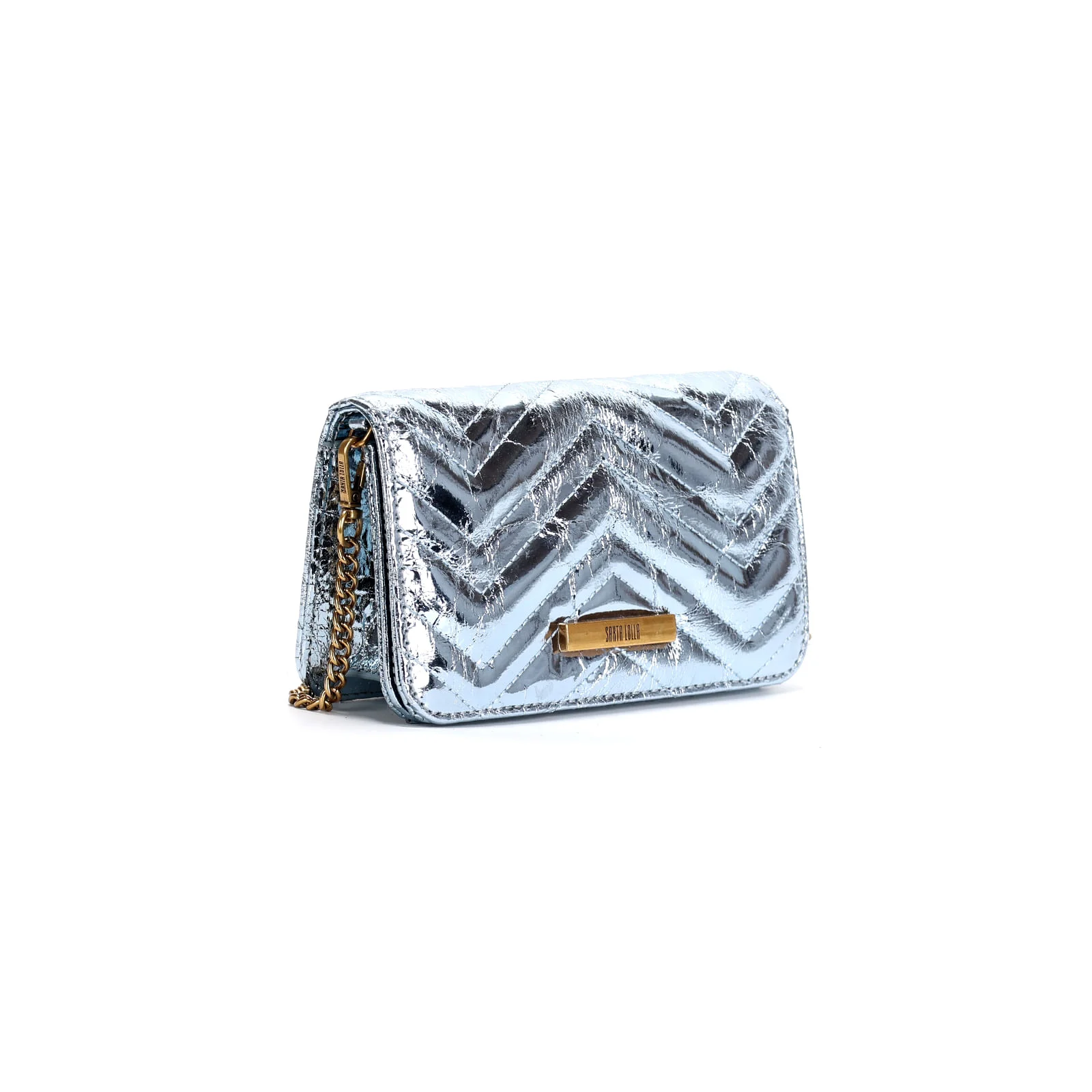 Bolsa Pequena Metalizada Crinkle Azul Claro Alça Transversal - vista 2 de 3